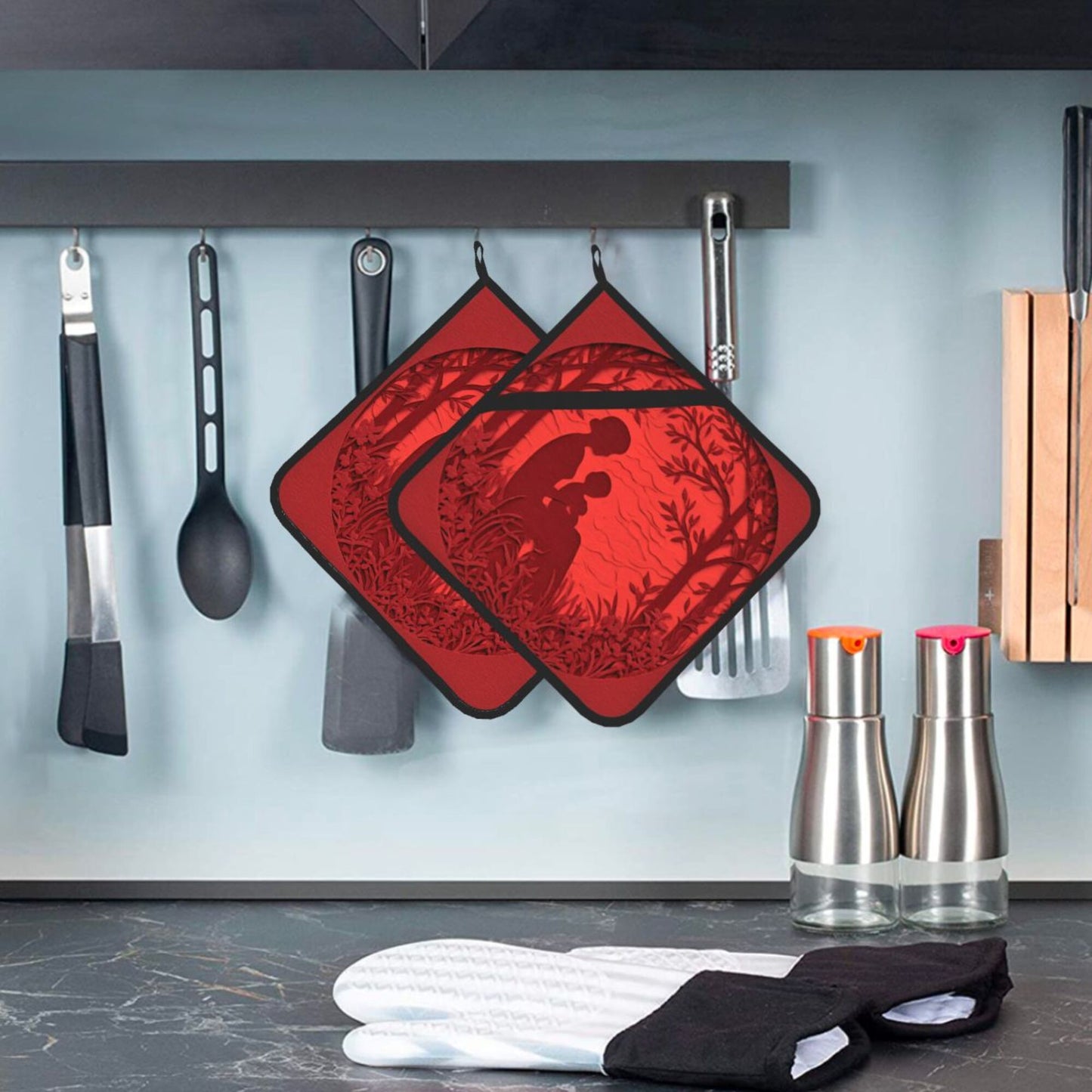 2 - Pack Square Heat - Resistant Pot Holders with Warm Silhouette Pattern - Three - Layer Protection, Multi - Scenario Hanging Pot Pads