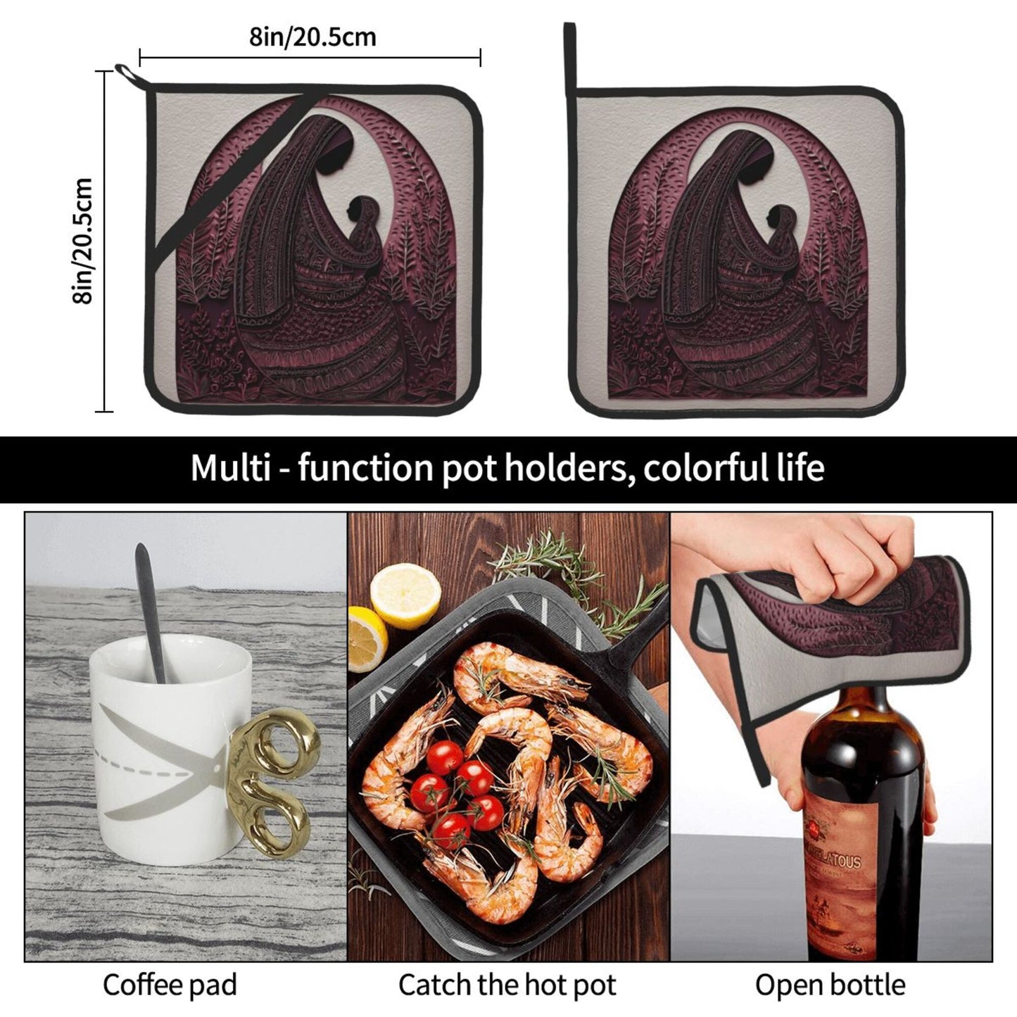 2 - Pack Square Heat - Resistant Pot Holders with Mother - Love Silhouette Pattern - Three - Layer Protection, Multi - Scenario Hanging Pot Pads