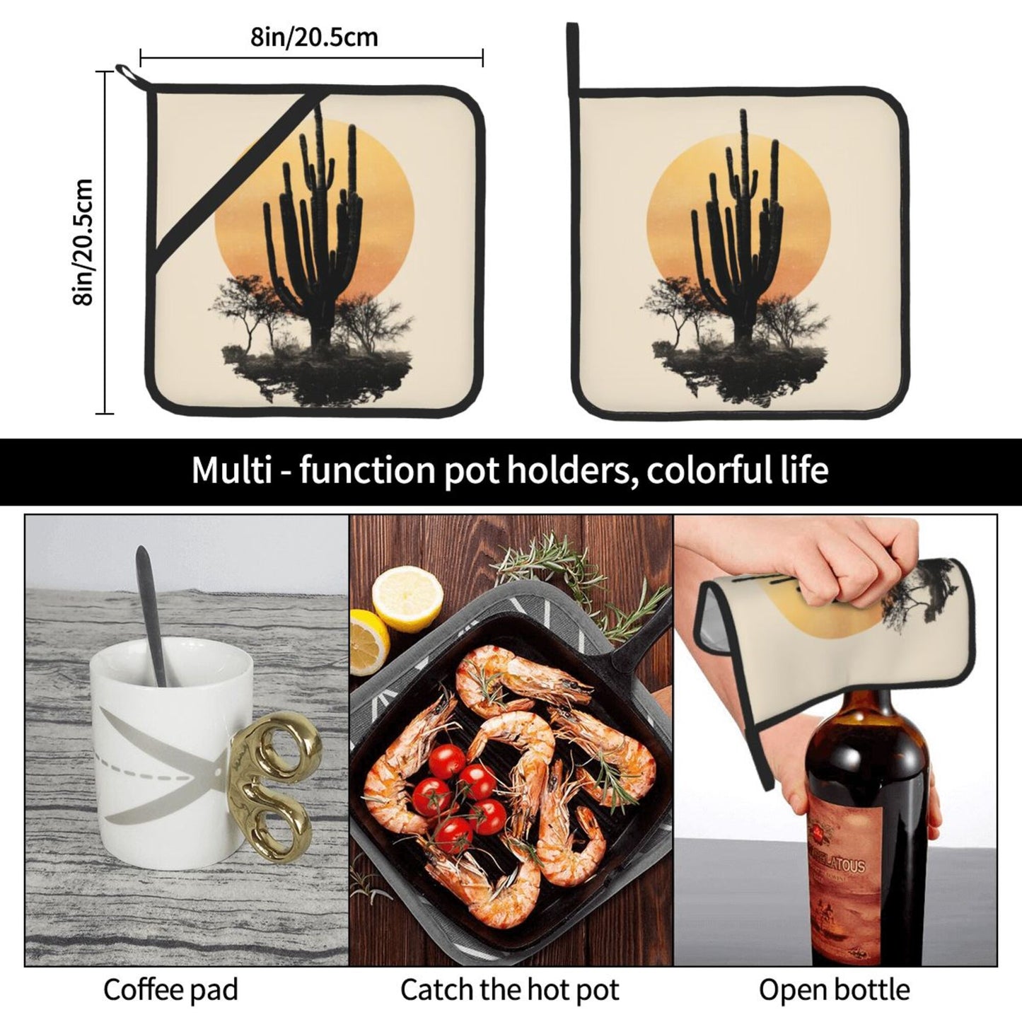 2 - Pack Square Heat - Resistant Pot Holders with Desert Sunset Cactus Pattern - Three - Layer Protection, Multi - Scenario Hanging Pot Pads