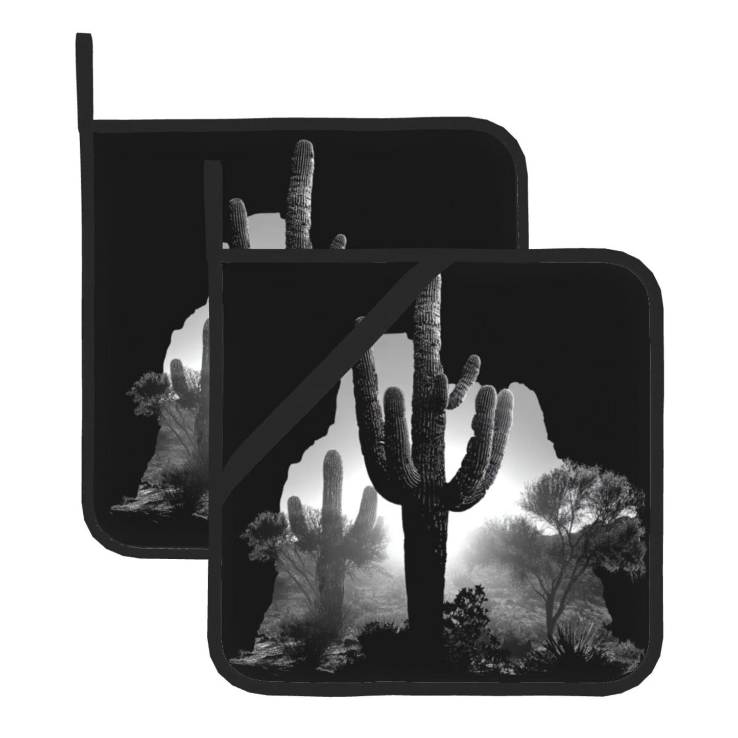 2 - Pack Square Heat - Resistant Pot Holders with Desert Cactus Black - and - White Silhouette Pattern - Three - Layer Protection, Multi - Scenario Hanging Pot Pads
