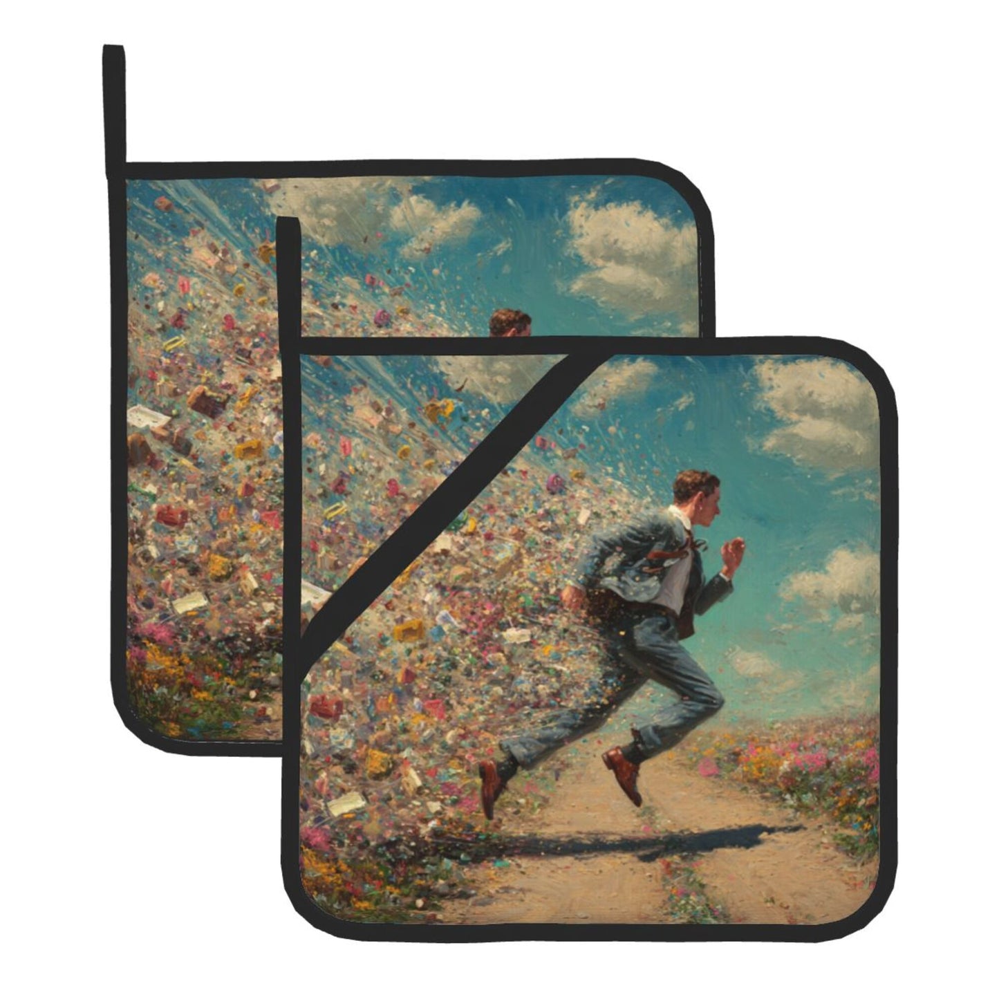 2 - Pack Square Heat - Resistant Pot Holders with Artistic Running Figure Pattern - Three - Layer Protection, Multi - Scenario Hanging Pot Pads