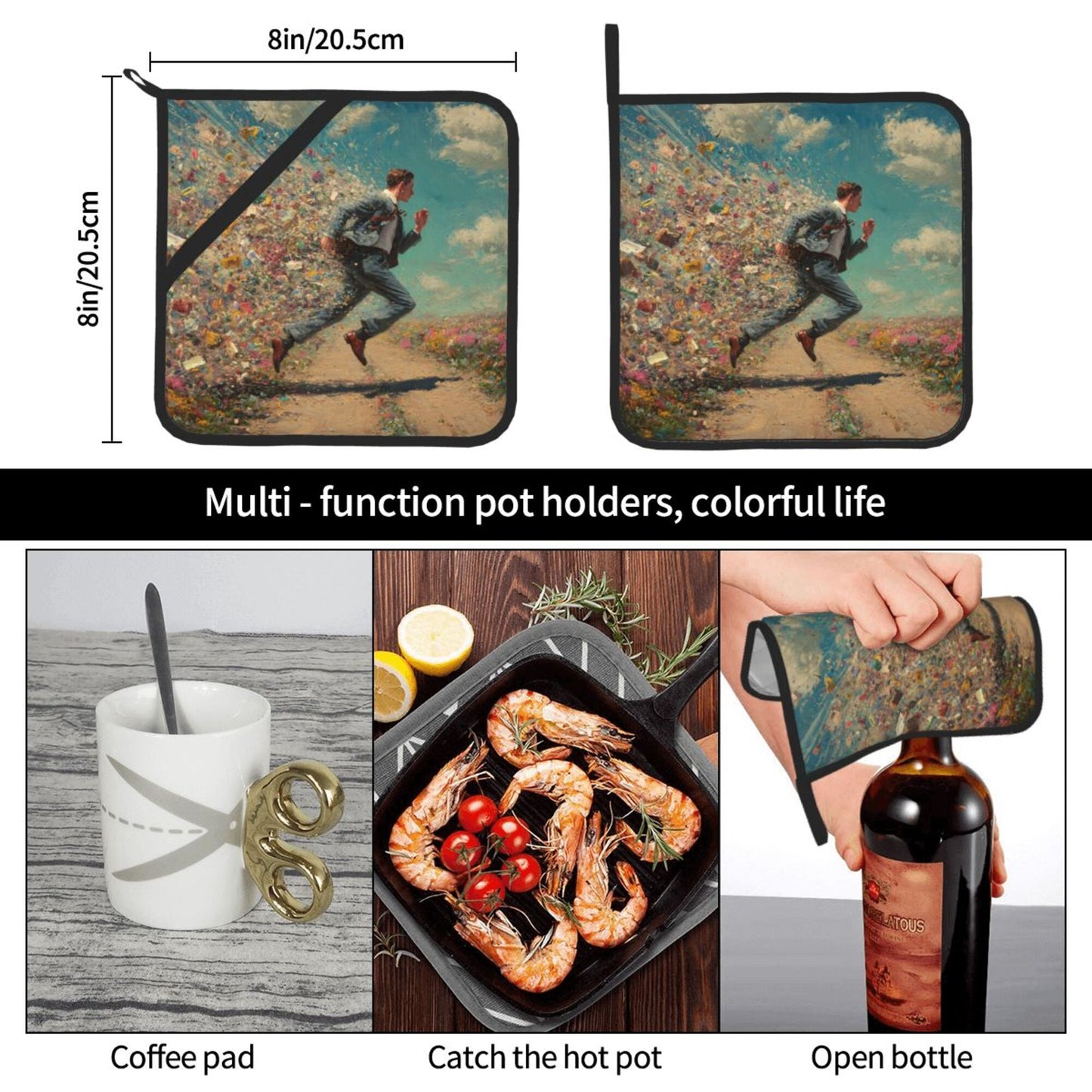 2 - Pack Square Heat - Resistant Pot Holders with Artistic Running Figure Pattern - Three - Layer Protection, Multi - Scenario Hanging Pot Pads
