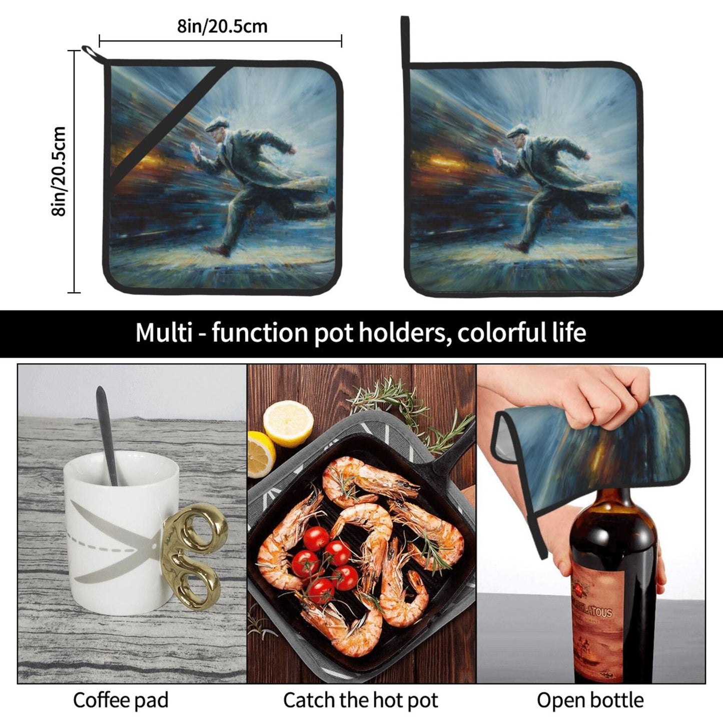 2 - Pack Square Heat - Resistant Pot Holders with Artistic Running Figure Pattern - Three - Layer Protection, Multi - Scenario Hanging Pot Pads