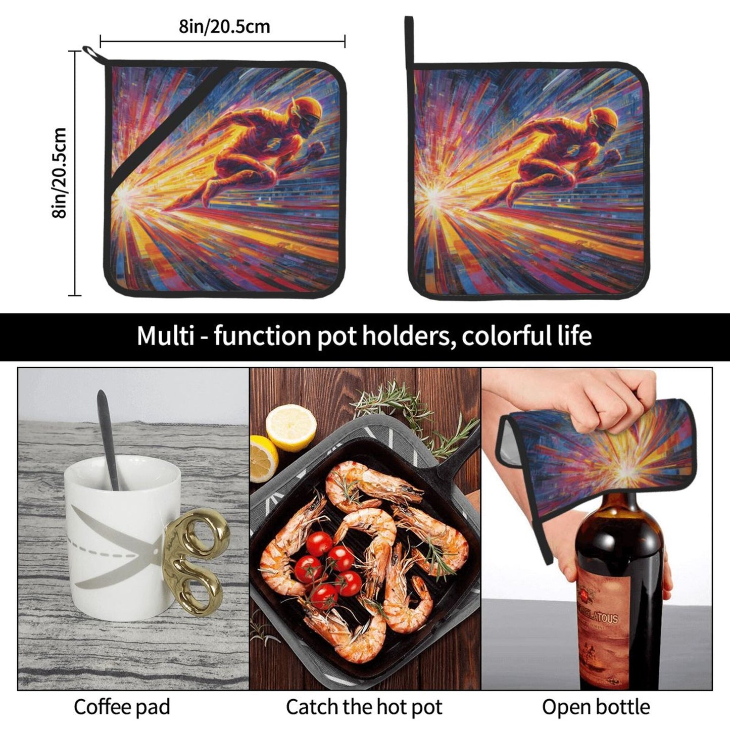 2 - Pack Square Heat - Resistant Pot Holders with The Flash Theme - Three - Layer Protection, Multi - Scenario Hanging Pot Pads