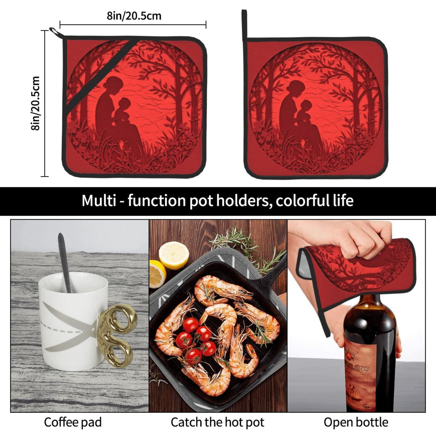 2 - Pack Square Heat - Resistant Pot Holders with Warm Silhouette Pattern - Three - Layer Protection, Multi - Scenario Hanging Pot Pads