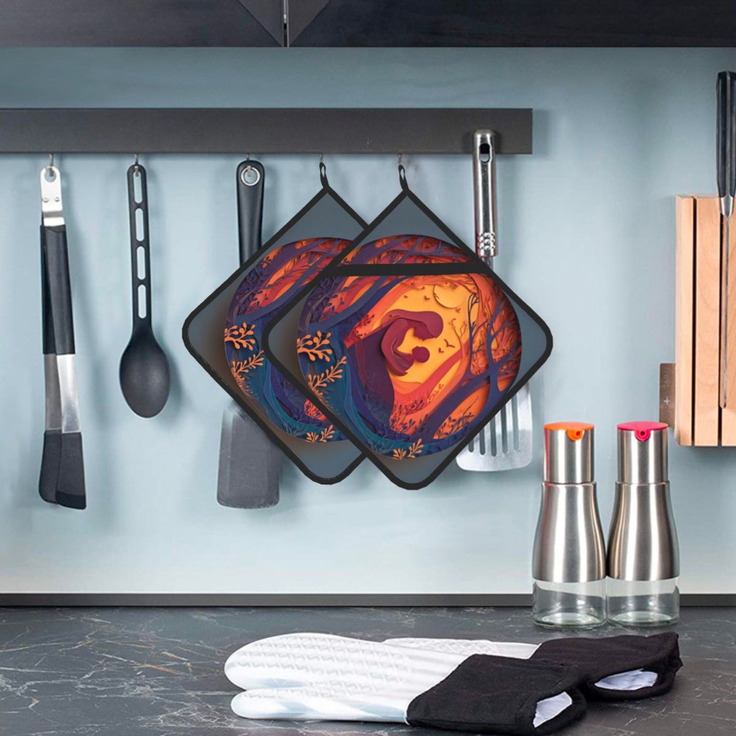 2 - Pack Square Heat - Resistant Pot Holders with Artistic Silhouette Pattern - Three - Layer Protection, Multi - Scenario Hanging Pot Pads
