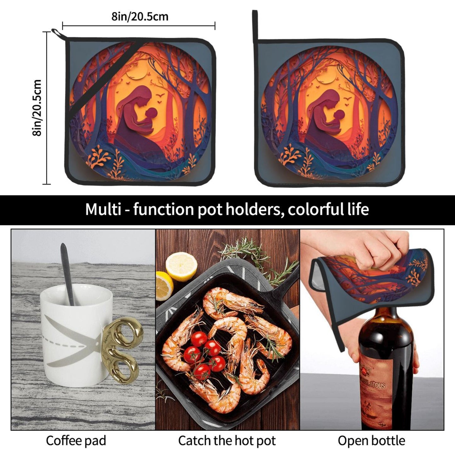 2 - Pack Square Heat - Resistant Pot Holders with Artistic Silhouette Pattern - Three - Layer Protection, Multi - Scenario Hanging Pot Pads