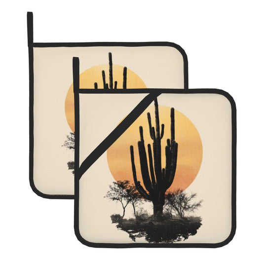 2 - Pack Square Heat - Resistant Pot Holders with Desert Sunset Cactus Pattern - Three - Layer Protection, Multi - Scenario Hanging Pot Pads