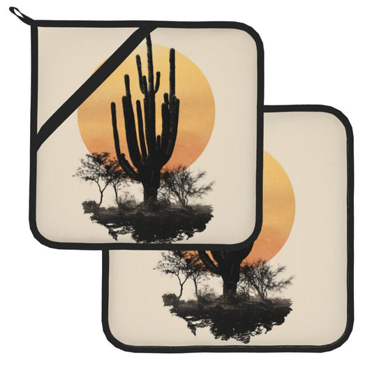 2 - Pack Square Heat - Resistant Pot Holders with Desert Sunset Cactus Pattern - Three - Layer Protection, Multi - Scenario Hanging Pot Pads