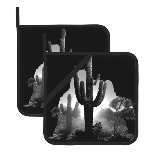 2 - Pack Square Heat - Resistant Pot Holders with Desert Cactus Black - and - White Silhouette Pattern - Three - Layer Protection, Multi - Scenario Hanging Pot Pads