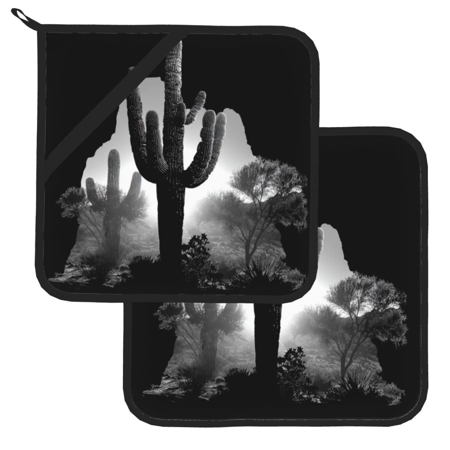 2 - Pack Square Heat - Resistant Pot Holders with Desert Cactus Black - and - White Silhouette Pattern - Three - Layer Protection, Multi - Scenario Hanging Pot Pads