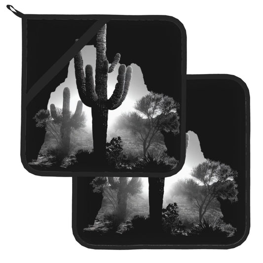 2 - Pack Square Heat - Resistant Pot Holders with Desert Cactus Black - and - White Silhouette Pattern - Three - Layer Protection, Multi - Scenario Hanging Pot Pads
