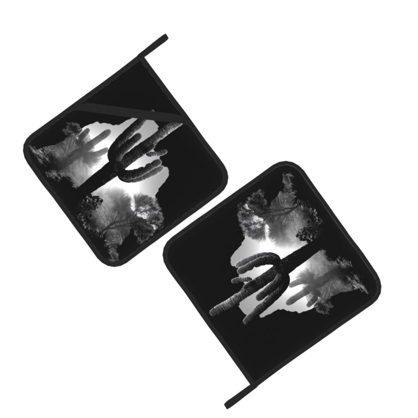 2 - Pack Square Heat - Resistant Pot Holders with Desert Cactus Black - and - White Silhouette Pattern - Three - Layer Protection, Multi - Scenario Hanging Pot Pads