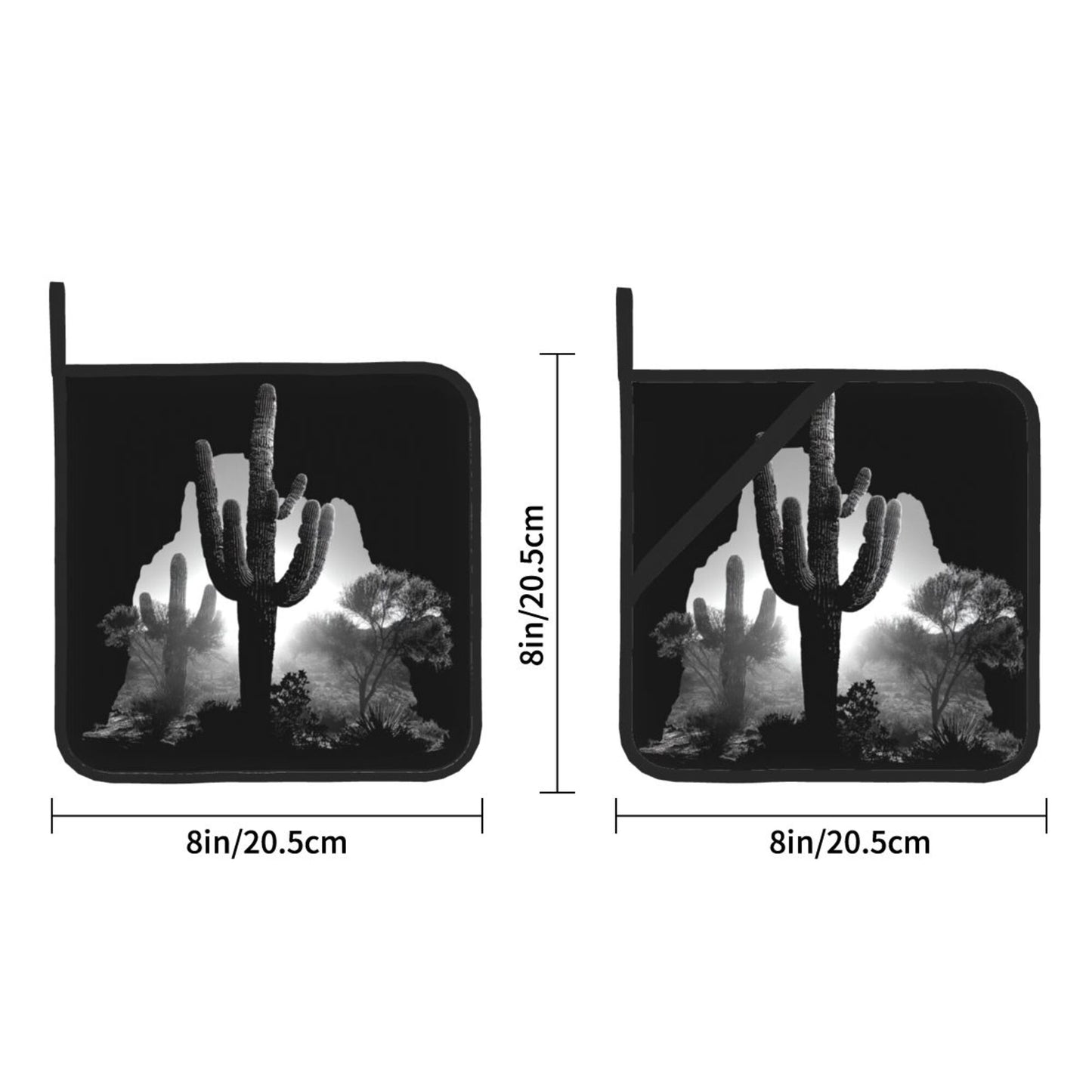 2 - Pack Square Heat - Resistant Pot Holders with Desert Cactus Black - and - White Silhouette Pattern - Three - Layer Protection, Multi - Scenario Hanging Pot Pads