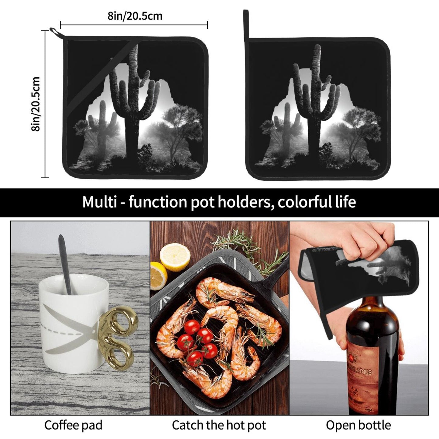 2 - Pack Square Heat - Resistant Pot Holders with Desert Cactus Black - and - White Silhouette Pattern - Three - Layer Protection, Multi - Scenario Hanging Pot Pads