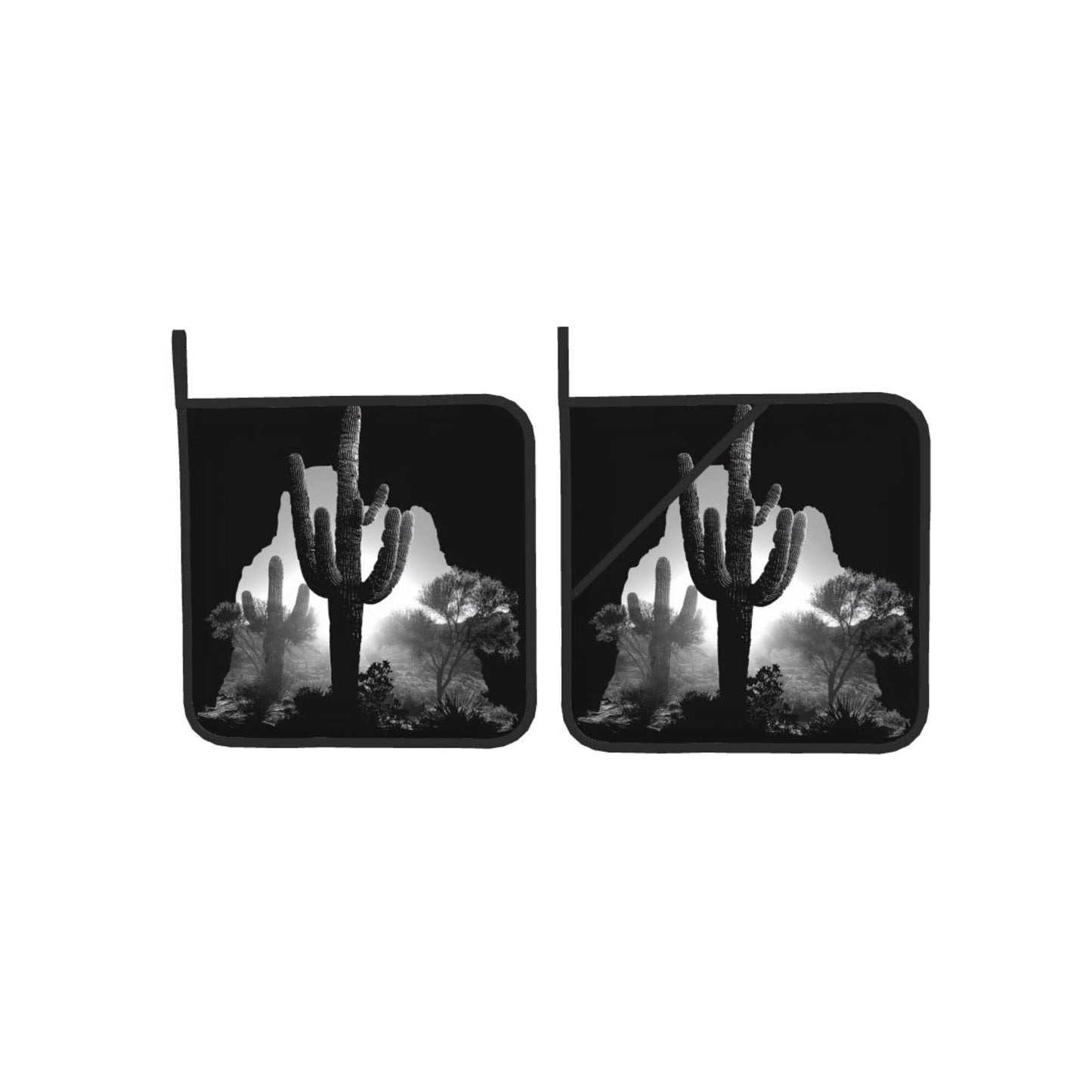 2 - Pack Square Heat - Resistant Pot Holders with Desert Cactus Black - and - White Silhouette Pattern - Three - Layer Protection, Multi - Scenario Hanging Pot Pads