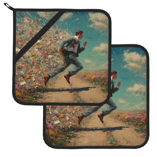 2 - Pack Square Heat - Resistant Pot Holders with Artistic Running Figure Pattern - Three - Layer Protection, Multi - Scenario Hanging Pot Pads