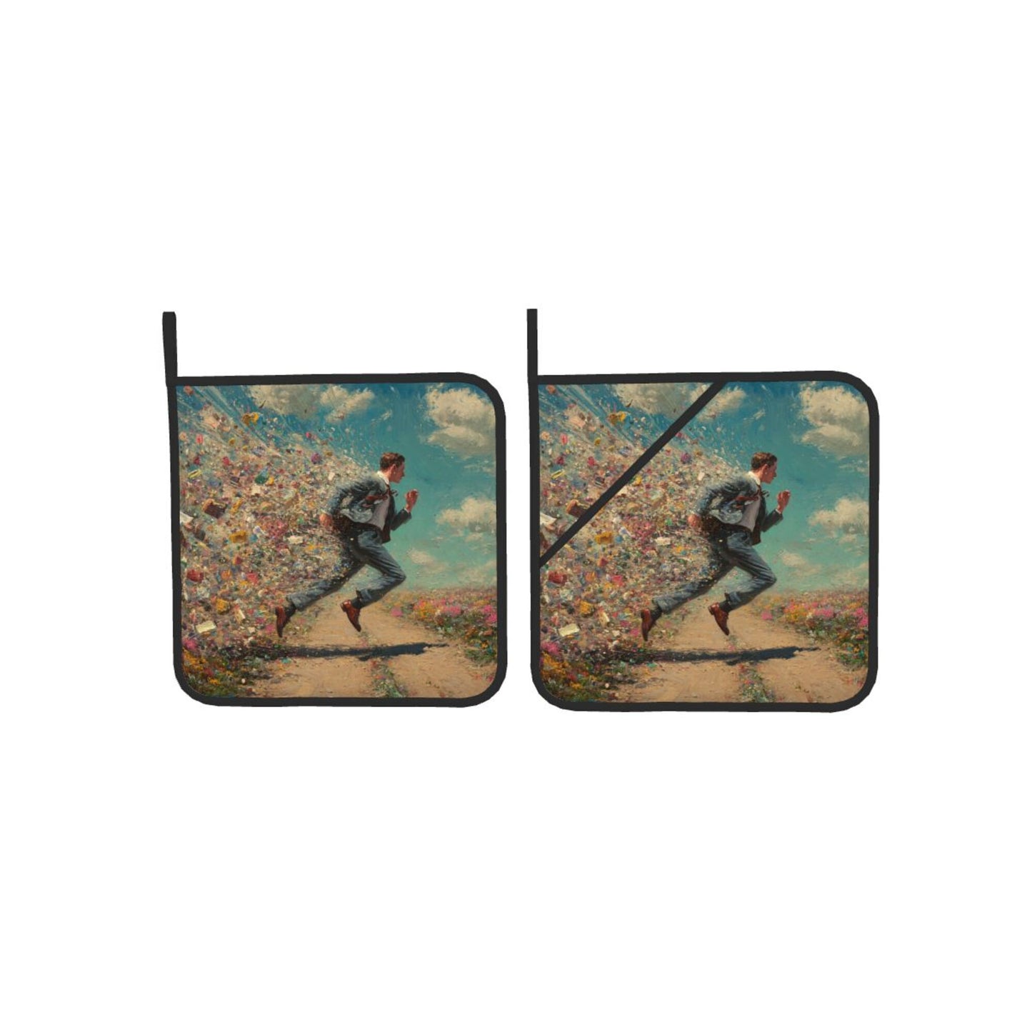 2 - Pack Square Heat - Resistant Pot Holders with Artistic Running Figure Pattern - Three - Layer Protection, Multi - Scenario Hanging Pot Pads