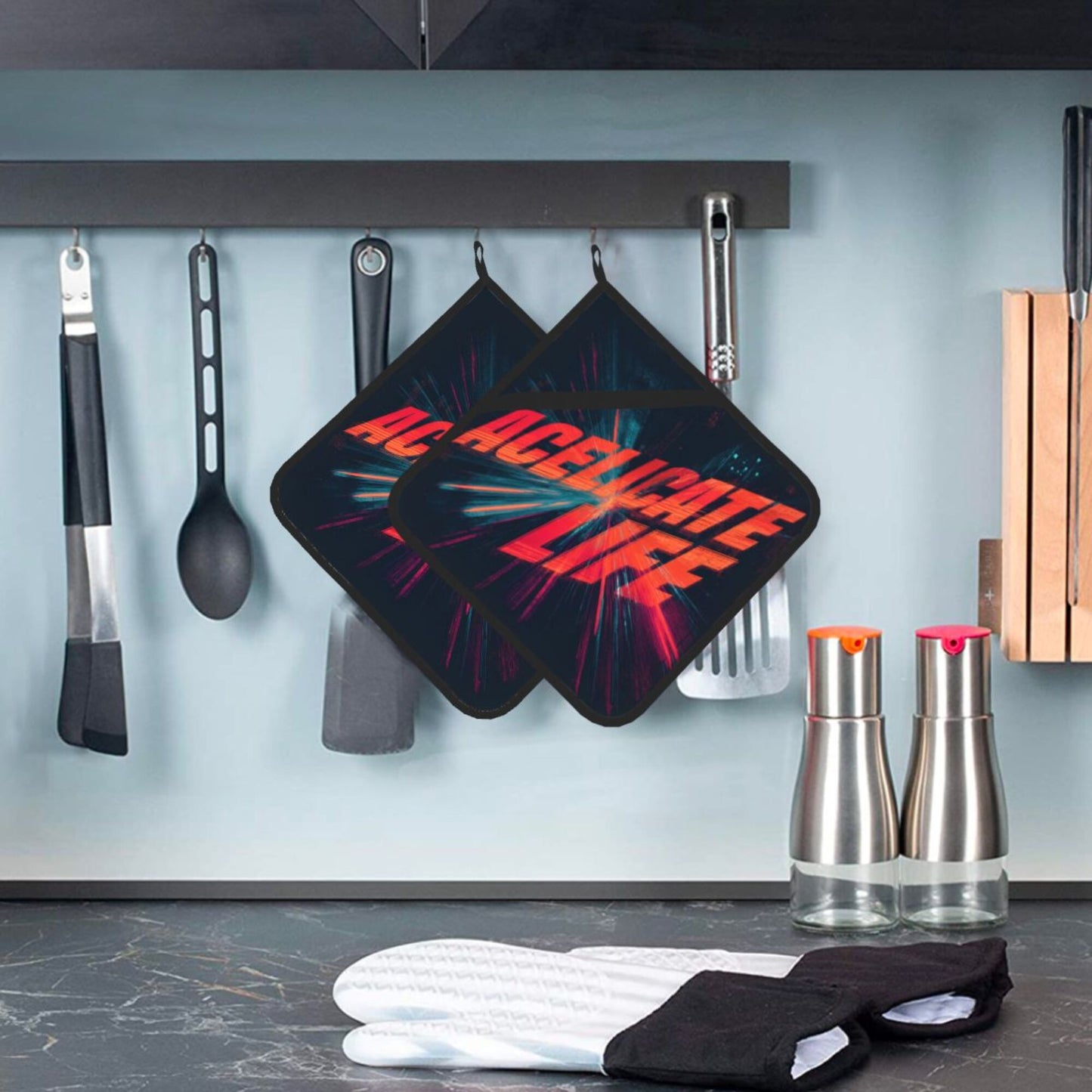 2 - Pack Square Heat - Resistant Pot Holders with Trendy “ACELICATE LIFE” Print - Three - Layer Protection, Multi - Scenario Hanging Pot Pads