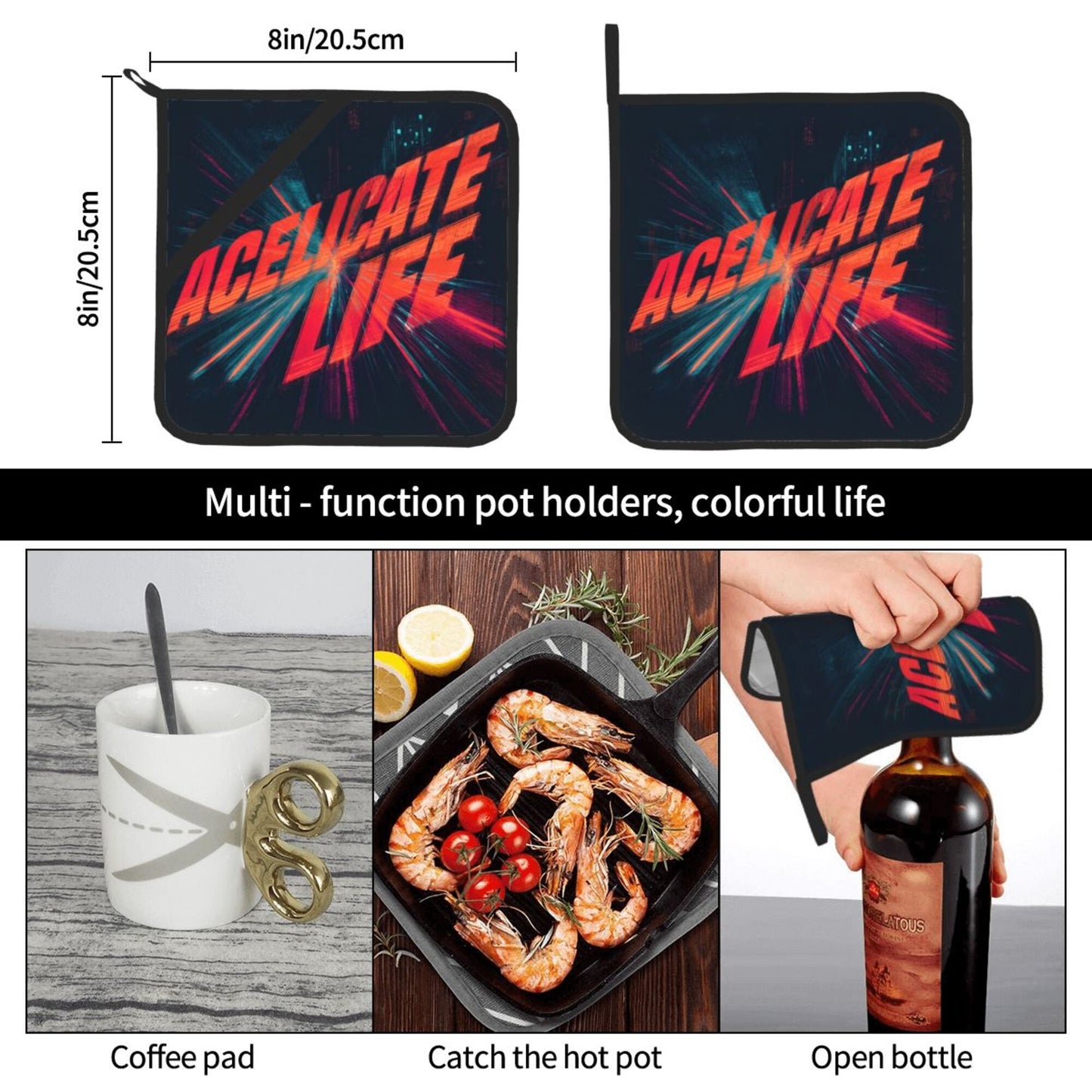 2 - Pack Square Heat - Resistant Pot Holders with Trendy “ACELICATE LIFE” Print - Three - Layer Protection, Multi - Scenario Hanging Pot Pads