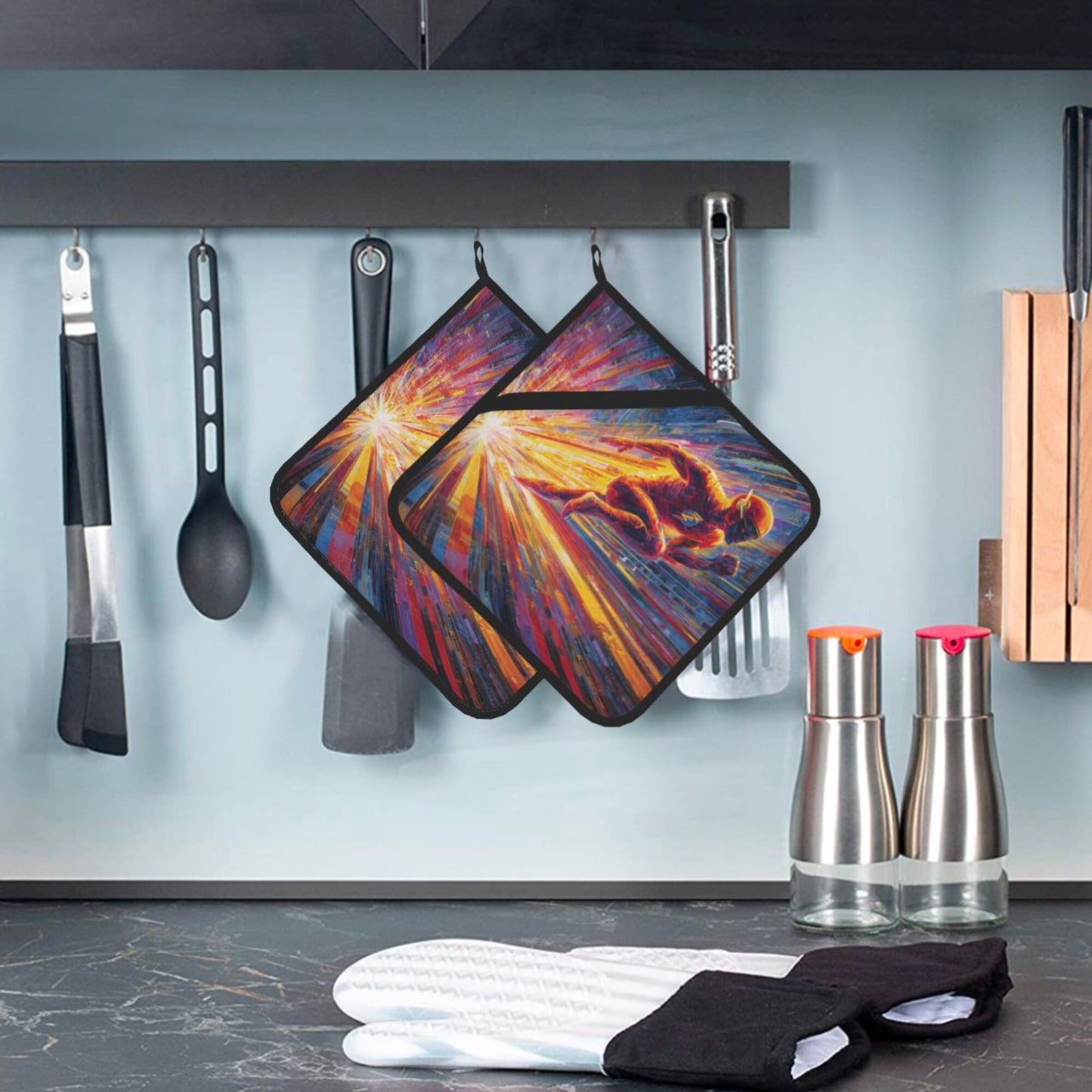 2 - Pack Square Heat - Resistant Pot Holders with The Flash Theme - Three - Layer Protection, Multi - Scenario Hanging Pot Pads
