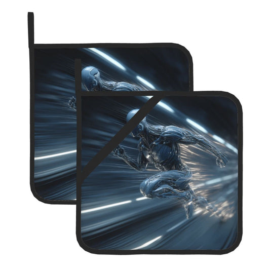 2 - Pack Square Heat - Resistant Pot Holders with Sci - Fi Running Figure - Three - Layer Protection, Multi - Scenario Hanging Pot Pads