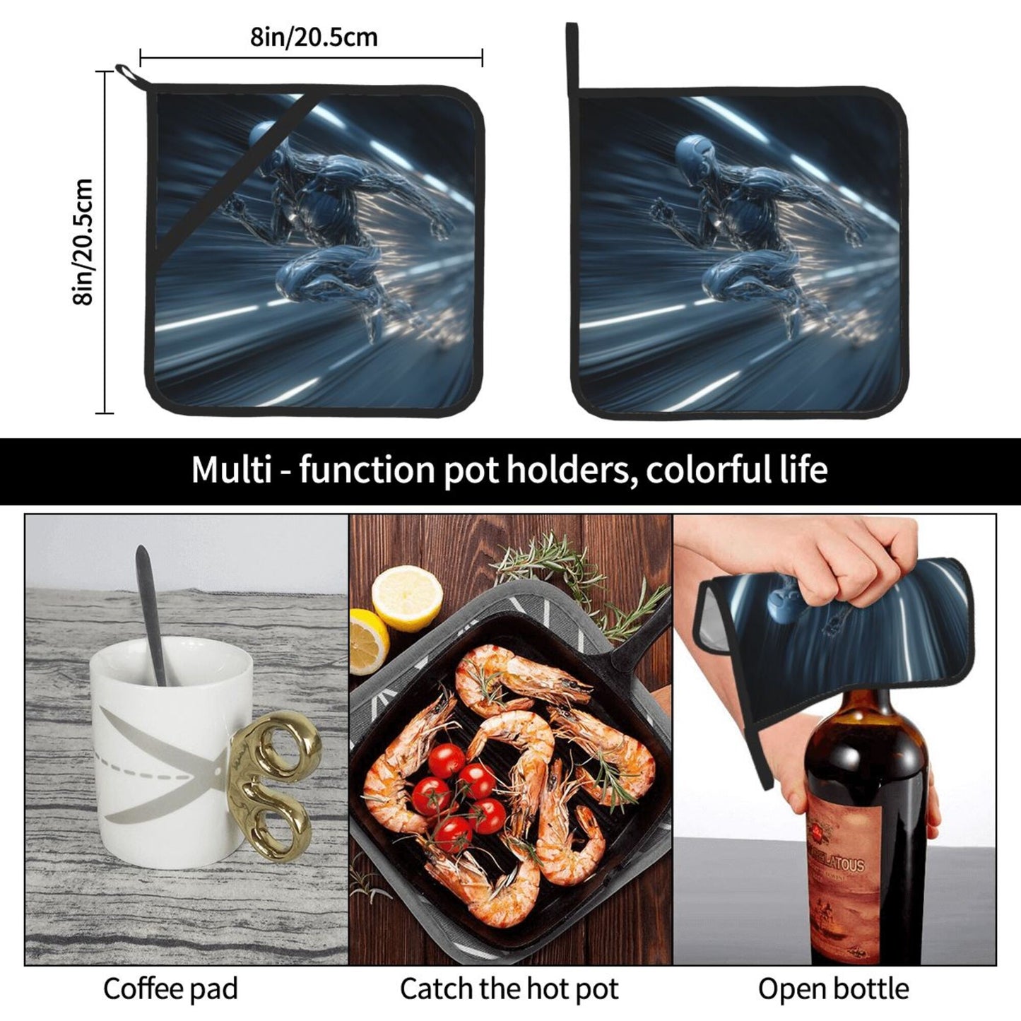 2 - Pack Square Heat - Resistant Pot Holders with Sci - Fi Running Figure - Three - Layer Protection, Multi - Scenario Hanging Pot Pads